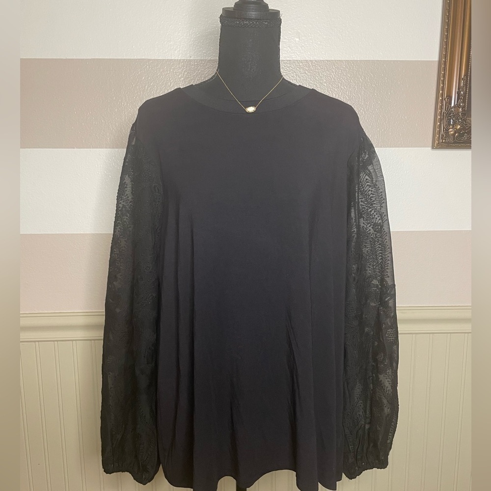 Tahari "Woman Black  Blouse with Lace Puff Sleeves - Size 2X